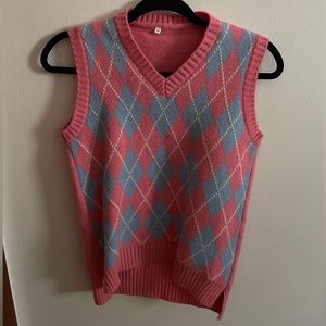 blue and pink plaid print sweater vest preppy style